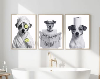 Set of 3 Jack Russell Terrier Bathroom Prints, Printable Wall Art, Bathroom art, Bathroom Wall Decor, Dog in Toilet
