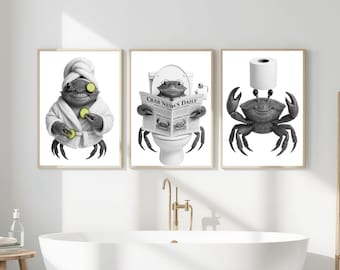 Juego de 3 impresiones divertidas de cangrejos para el baño, arte de pared de cangrejo, impresión de inodoro oceánico, cangrejo en bata, decoración de baño náutica, arte animal imprimible