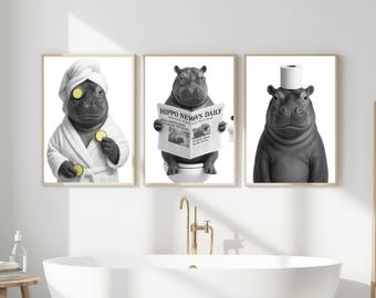 Set of 3 Funny Hippo Bathroom Prints, Printable Wall Art, Bathroom art, Bathroom Wall Decor, Animal in Toilet