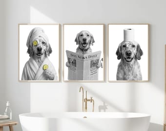 May include: Set of three framed black and white dog prints. One dog wears a spa robe and cucumber slices, another reads a newspaper, and the third has a toilet paper roll on its head. Bathroom wall art.