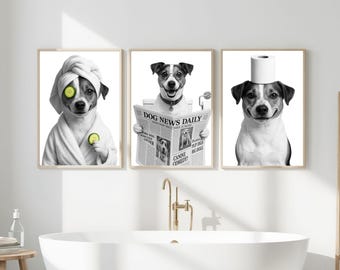 Set van 3 grappige Deens-Zweedse boerderijhond badkamerafdrukken, afdrukbare muurkunst, badkamerkunst, badkamer wanddecoratie, boerderijhond in toilet