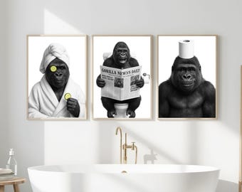 Set of 3 Funny Gorilla Bathroom Prints, Printable Wall Art, Dog Art, Bathroom art, Bathroom Wall Decor, Animal in Toilet