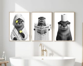 Set of 3 Funny Otter Bathroom Prints, Printable Wall Art, Bathroom art, Ocean Animals ArtBathroom Wall Decor, Otter in Toilet