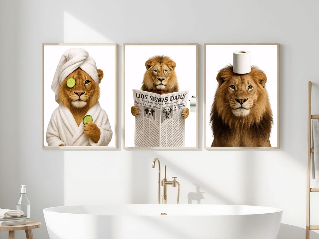 Set of 3 Lion Bathroom Prints, Printable Wall Art, Bathroom Art, Lion ...