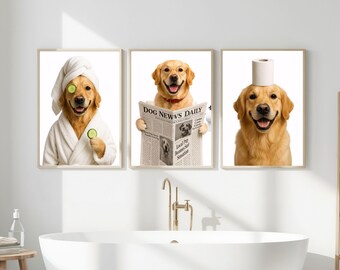 May include: Three framed prints showing Golden Retrievers in amusing situations. One dog is in a spa robe with cucumber slices, another reads a newspaper, and the third has a toilet roll on its head. The prints are displayed above a white bathtub.