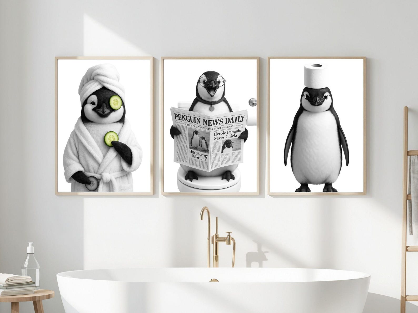 Set of 3 Funny Penguin Bathroom Prints, Printable Wall Art, Penguin Art ...
