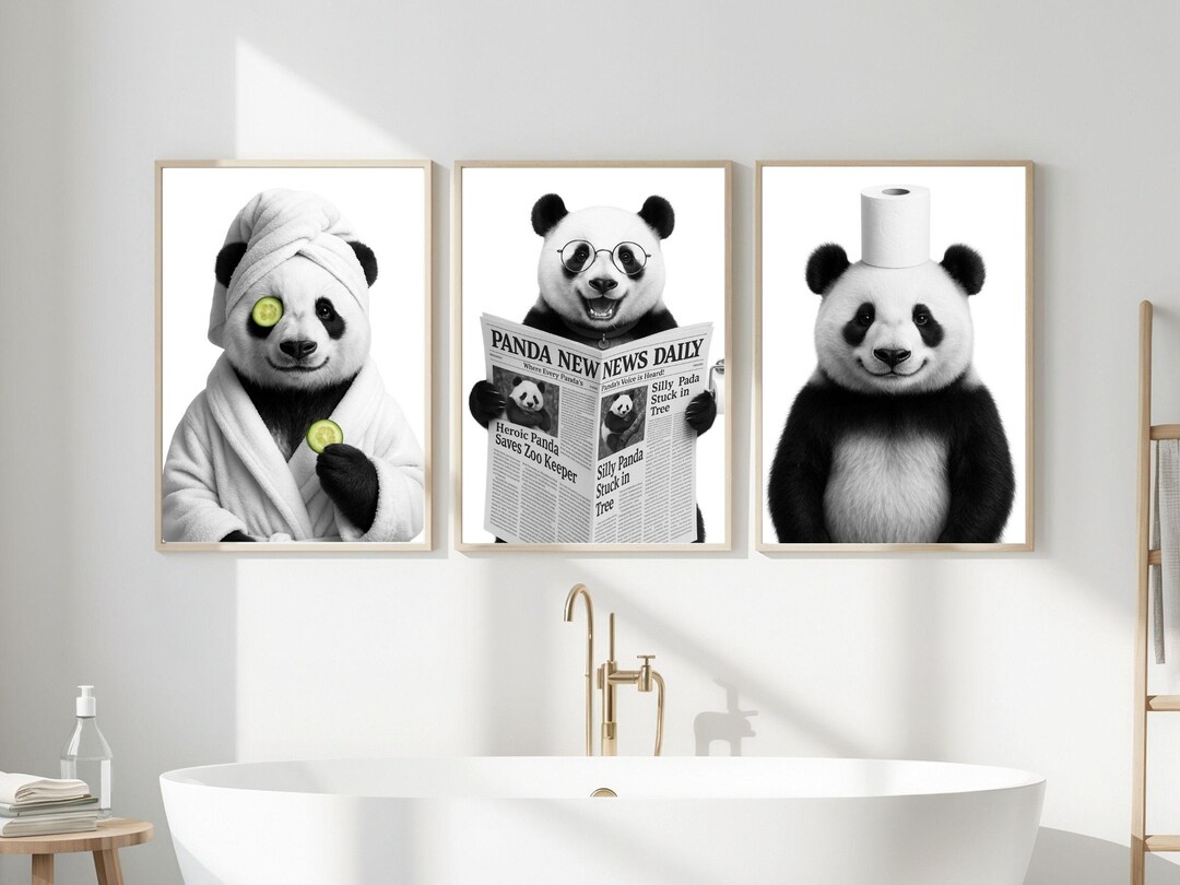 Set of 3 Funny Panda Bathroom Prints, Printable Wall Art, Bathroom Art ...