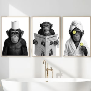 May include: Three framed black and white prints featuring chimpanzees in a bathroom setting. One wears a toilet paper roll on its head, another reads a newspaper, and the third wears a towel and cucumber slices.