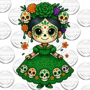 Schattige poppen La Catrina Dag van de Doden PNG-illustraties Día de Los Muertos Clipart, Sugar Skull, Mexicaanse Halloween-bundel., Decoratief skelet
