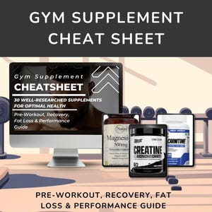 Könnte beinhalten: Ein Computerbildschirm zeigt ein Cheat Sheet für Fitness-Ergänzungsmittel mit dem Text "Gym Supplement Cheatsheet" und "30 gut recherchierte Nahrungsergänzungsmittel für optimale Gesundheit". Der Bildschirm steht auf einem Tisch mit drei Flaschen mit Nahrungsergänzungsmitteln: eine weiße Flasche mit dem Text "Magnesium 500mg", eine schwarze Flasche mit dem Text "Creatine Monohydrate" und eine blaue Flasche mit dem Text "Carnitine".