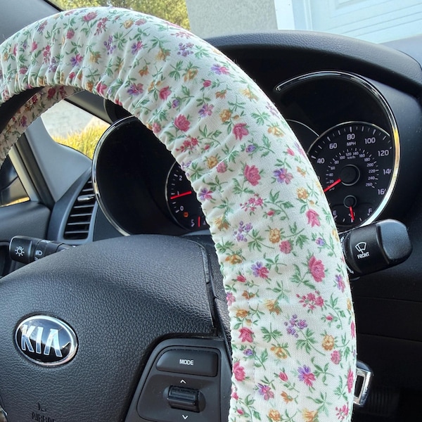 Cream Floral Steering Wheel Cover w/ Flannel Grip Liner | Grandma Vintage Inspired Car Accessories | Cute Wheel Cover for Women