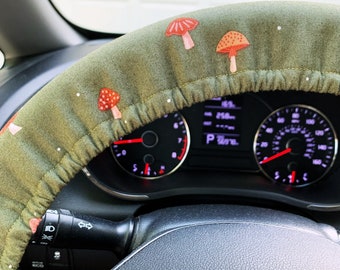 Steering Wheel Cover Mushrooms on Olive Green Toadstool Fungi Gift Nature Inspired Car Accessories for Her Him Handmade in FL Fully Lined