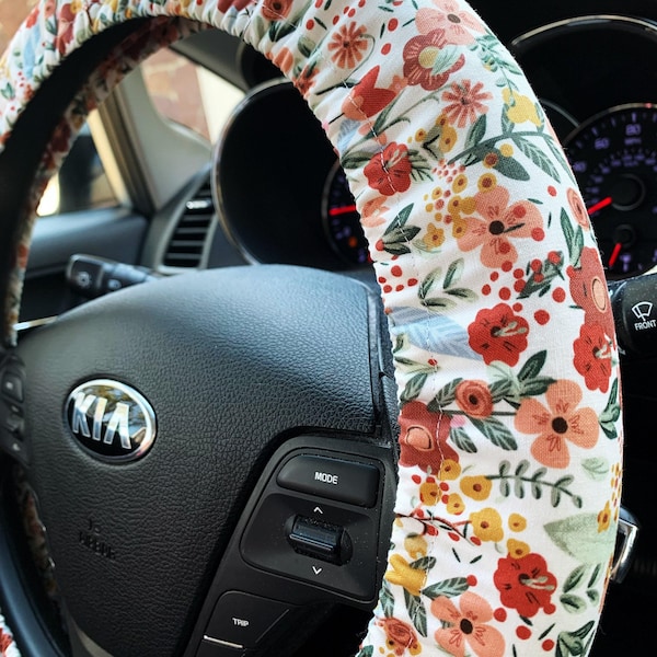 Boho Wildflowers Steering Wheel Cover w/ Grip Liner | Cottagecore Car Wheel Cover | Handmade Car Accessories | Cute Girly Wheel Cover