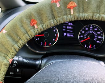 Olive Green Mushroom Steering Wheel Cover w/ Flannel Grip Liner | Handmade Car Accessories