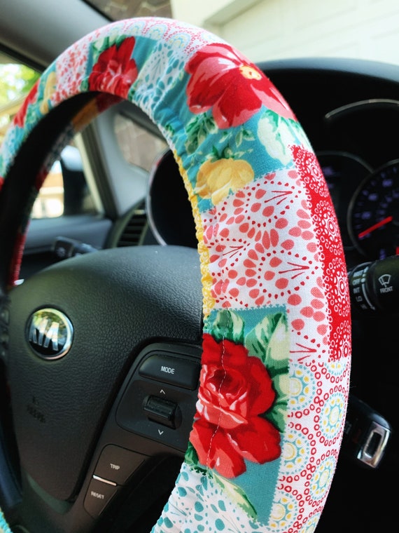 Rust Boho Floral Steering Wheel Cover With Grip Fabric Lining 