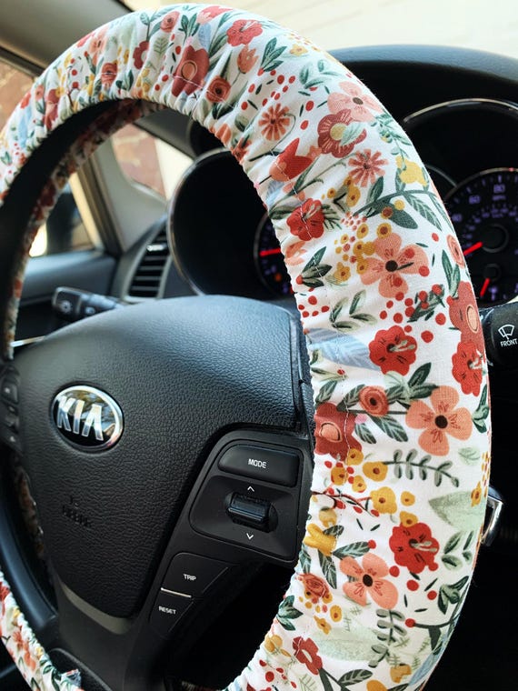 Boho Wildflowers Steering Wheel Cover w/ Flannel Grip Liner | Cottagecore Wheel Cover | Handmade Car Accessories | Cute Girly Wheel Cover