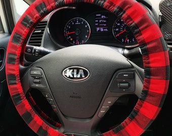 Red & Black Buffalo Plaid Steering Wheel Cover w/ Flannel Liner