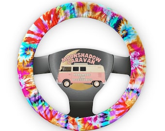 Steering Wheel Cover Tie Dye | Rainbow Car Accessories | Cute Girly Gift for Girls | Tye Dye Boho Bohemian Christmas | Pink Purple Aqua Rose