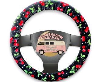 Cherries on Black Steering Wheel Cover w/ Grip | Red Cherry Wheel Cover for Car | Cute Wheel Cover | Car Accessories for Women | Cotton