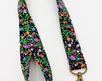 Black Wildflower Lanyard Badge Holder | 100% Cotton & Washable | Soft Floral Lanyard | Handmade in Florida USA | Breakaway Lanyard Option