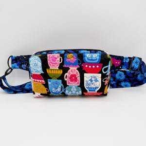 Hello Alice Crossbody Bag | Handmade Sling Bag - Whimsy Fanny Pack, Belt Bag w/ Adjustable Strap | Tea Cups, Cats