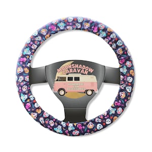 Sugar Skull Steering Wheel Cover w/ Grip Liner | Day of the Dead Car Accessories | Floral Skulls on Purple | Cute Wheel Cover | Washable