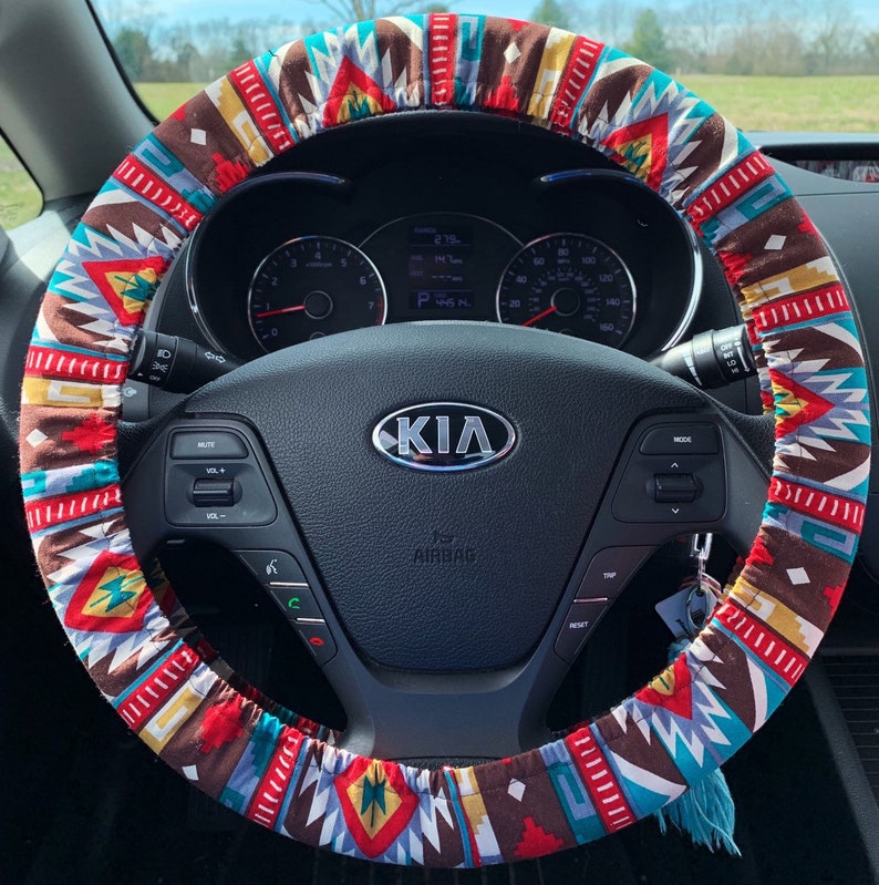 Bohemian Aztec Tribal Southwestern Car Steering Wheel Covers Custom Cute Cover Interior Car Decorations Red Brown Teal Fall Winter