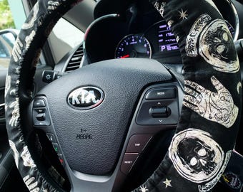 Steering Wheel Cover Skull Crystal Ball Palm Cats and Moon | Goth Witch Car Accessories | Handmade in FL | Fully Lined | Halloween Spooky