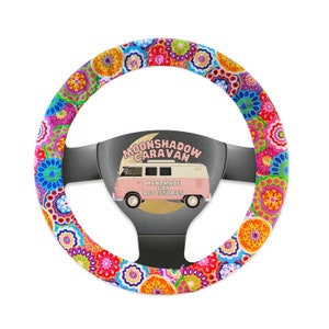 Hippie Mandala Steering Wheel Cover w/ Grip | Bright Floral Boho Wheel Cover for Car | Paisley Pattern | Retro, Groovy Gifts for Her or Him