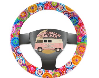 Hippie Mandala Steering Wheel Cover w/ Grip | Bright Floral Boho Wheel Cover for Car | Paisley Pattern | Retro, Groovy Gifts for Her or Him