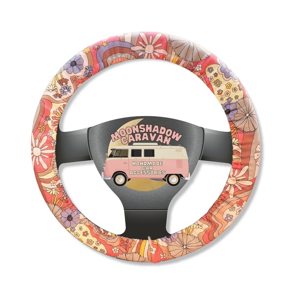 Steering Wheel Cover Groovy Flower Power Retro Covers for Car Girly Car Accessories 60s 70s Inspired Hippie Style w/ Non Slip Grip Option