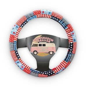American Flag Steering Wheel Cover w/ Grip Liner | Red White Blue Car Wheel Cover | Handmade Car Accessories | Cute Patriotic Wheel Cover