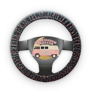 Tiny Cherries on Black Steering Wheel Cover w/ Grip Liner | Red Cherry Car Wheel Cover | Handmade Car Accessories | Cute Girly Wheel Cover
