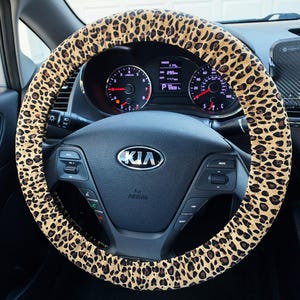 Leopard Print Car Steering Wheel Covers | Fully Lined Cover with Brown and Black Cheetah Print | Animal Print Car Decor for Interior