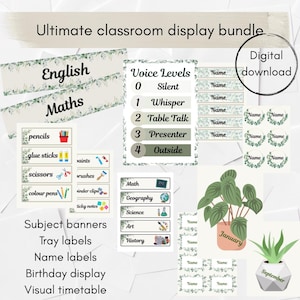 May include: A classroom display bundle with subject banners, name labels, and a visual timetable. Includes English and Maths banners, voice level chart, and name tags. Features illustrations of pencils, scissors, and plants. Digital download.
