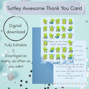 Geweldige bedankkaart Turtley | Eindejaarscadeau leraar voor klas | Digitale download met schildpadthema | Afdrukbare studentenkaart