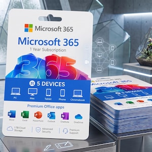 May include: A white Microsoft 365 1-year subscription card featuring a colorful 365 logo, text indicating 5 devices, and icons for PC, Mac, tablet, phone, and Chromebook. Below are icons for Word, Excel, PowerPoint, Outlook, OneNote, and OneDrive.