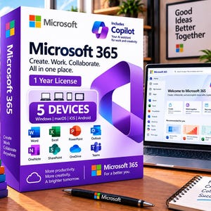 Puede incluir: Una caja de software Microsoft 365 con una licencia de 1 año para 5 dispositivos, incluyendo Windows, macOS, iOS y Android. La caja muestra el logotipo de Microsoft, la marca Copilot e iconos de Word, Excel, PowerPoint, Outlook, OneNote, SharePoint, OneDrive y Teams.