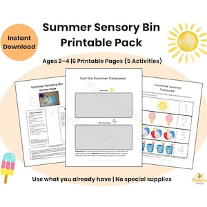 May include: A printable summer sensory bin pack with the text "Summer Sensory Bin Printable Pack" and "Instant Download". The pack includes 6 printable pages with 5 activities for ages 2-4. The image also includes a sun and an ice cream.