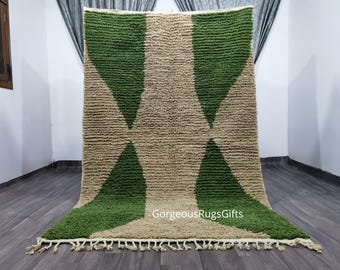 Lindo tapete Beni Ourain - Tapete verde e bege - Tapete verde esmeralda - Tapete tecido - Tapete colorido - Lã verde Tapete Beniourain - Tapete geométrico exclusivo