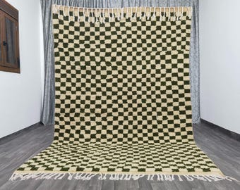 Custom Moroccan checkered rug - Moroccan Berber checkered rug - Checkered area rug - Checkerboard Rug -Soft Colored Rug- Green And White Rug