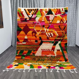ORANGE AND GREEN Wool Rug - Custom Fabulous Boujaad Rug - Beni Ourain Rug - Handmade Rug - Moroccan Berber Rug - Traditional Moroccan Carpet
