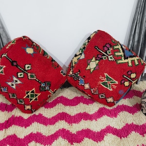 Set Of 2 Floor Cushion Cover - Vintage Floor Cushion - Moroccan Kilim Poufs - Floor Pouf - Berber Pouf- Beni Ourain Square Pouf- Orange Pouf
