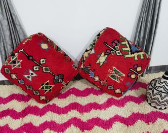 Juego de 2 fundas para cojines de suelo - Cojín de suelo vintage - Pufs Kilim marroquíes - Puf de suelo - Puf bereber - Puf cuadrado Beni Ourain - Puf naranja