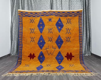 Gorgeous Orange Moroccan Rug - Morrocan Area Wool Rugs - Handmade Beni Ourain Rug - Berber Rug For Room- Handmade Blue Rug -Solid Orange Rug