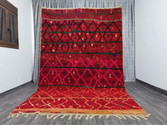 STUNNING BENIOURAIN RUG -Handmade Wool Rug- Moroccan Rug- Abstract Light Red And Green Rug- Sheep Wool Rug- Handwoven Rug-Azilal Berber Rug