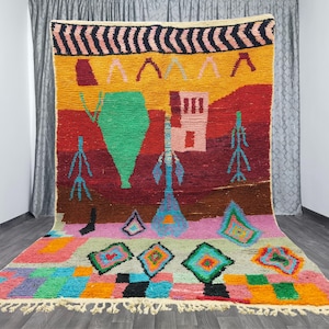 gorgeous Beni ourain rug - Authentic Beniourain Rug - Custom Green and Yellow Rug -Amazing Berber Moroccan Rug -Abstract Rug - Soft Wool Rug