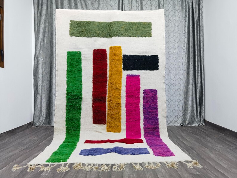 White home Area Rug - Beniourain White And Green Handmade Rug - Amazing Berber Moroccan Rug - Abstract Rug - Soft Wool Rug - Tapis Marocain image 1