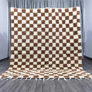Brown Checkered area rug - white and brown rug - checkered custom rug - wool handmade rug - Moroccan Berber checkerboard rug