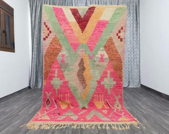 AMAZING MOROCCAN Handmade Rug - Morrocan Rug Pink-Authentic Berber Rug-Bohemian Style Rug For Living Room- Soft Wool Rug -Green And Pink rug